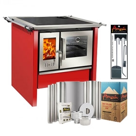 Cocina A Leña Amesti Combustion Lenta Allegra Inox Roja+ Kit Instalacion Vertical