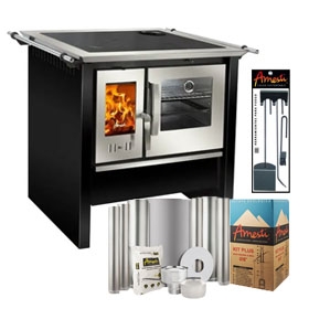 Cocina A Leña Amesti Combustión Lenta Allegra Negra+ Kit Instalación+Set herra